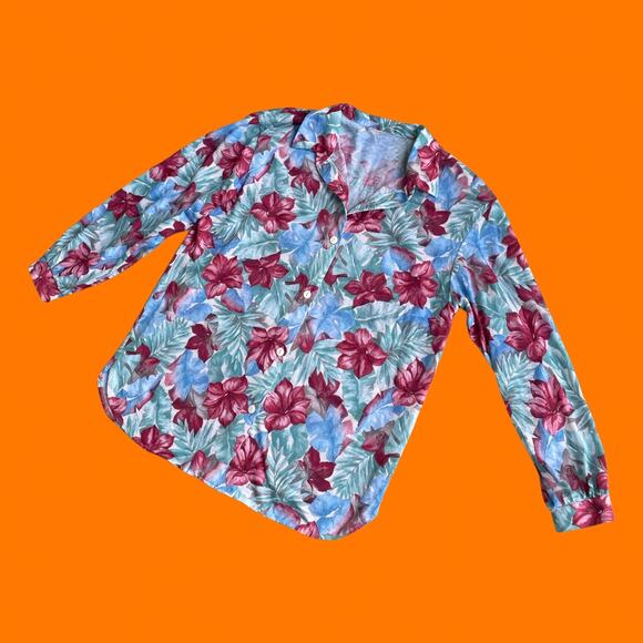 90's vintage earthy tropical print collared button up blouse MEDIUM - Picture 3 of 6
